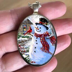 Silver Oval Shaped SNOWMAN Cardinal Pendant Necklace